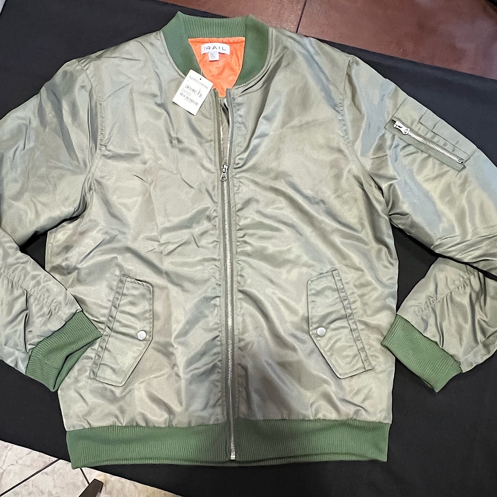 NWT green and orange The Rail Bomber jacket!Large with zip up pockets!